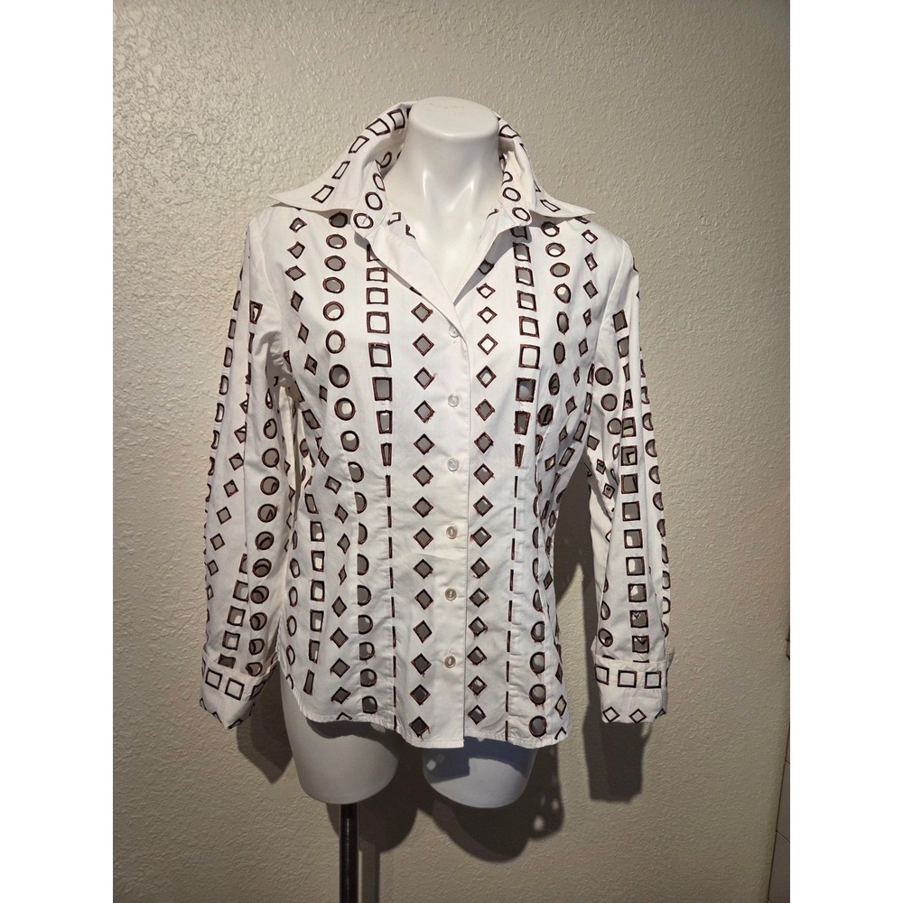 D&Y Womens White‎ Cotton Geometric Eyelet Cutout Button Down Shirt Brown Trim M